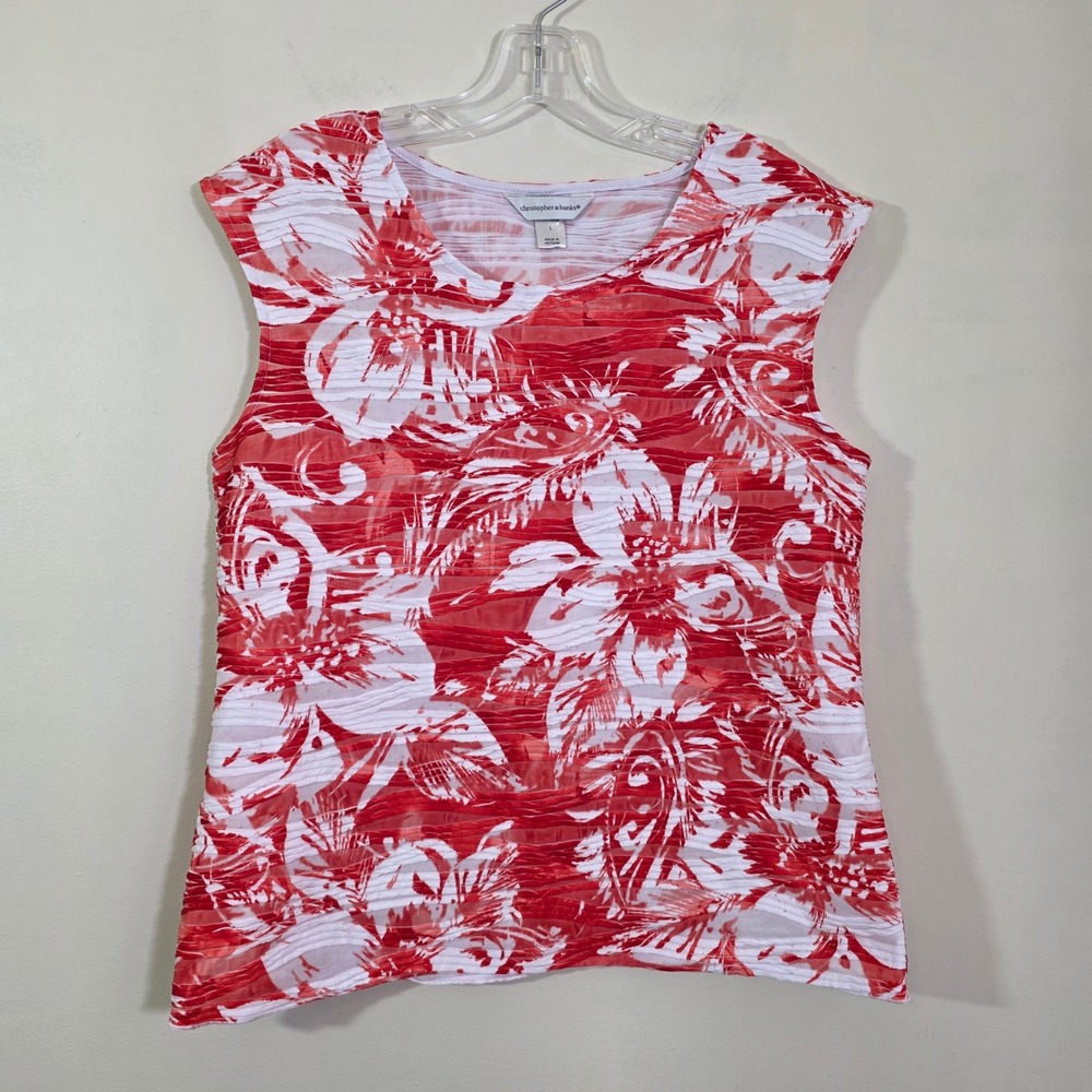 Christopher & Banks Womens Tank Top Floral Textured Crinkle Red White Size Large